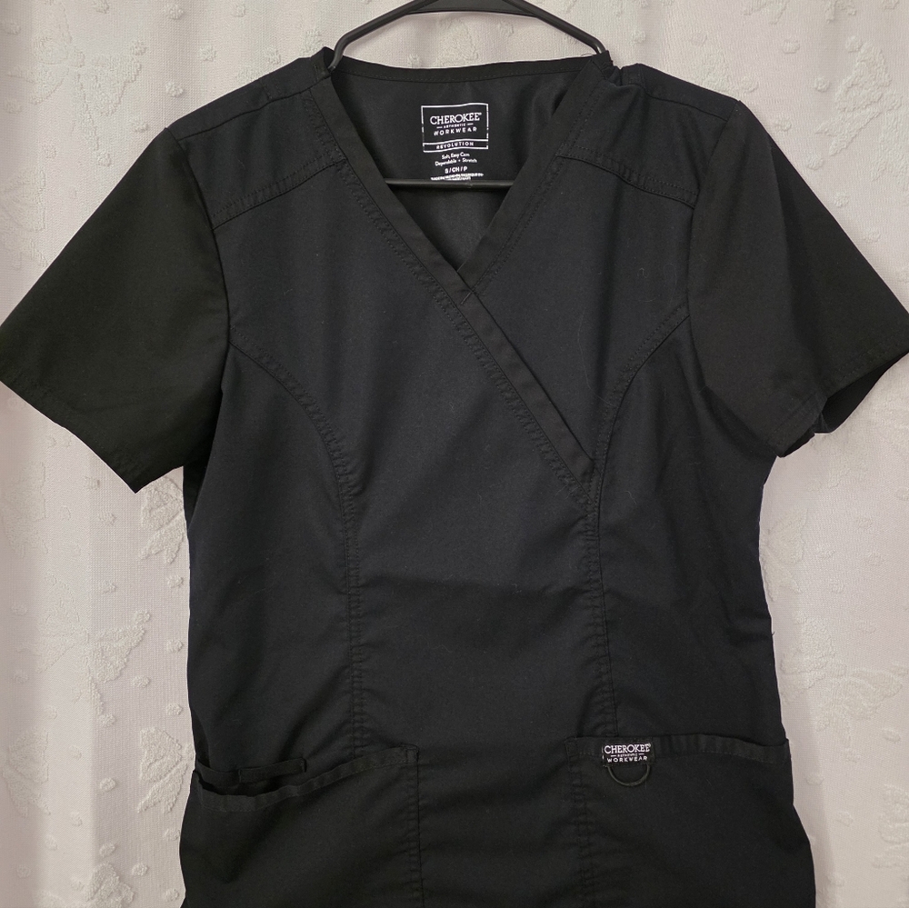 2 Black Cherokee Authentic Workwear Scrub Tops. One Classic V Neck One Crossover